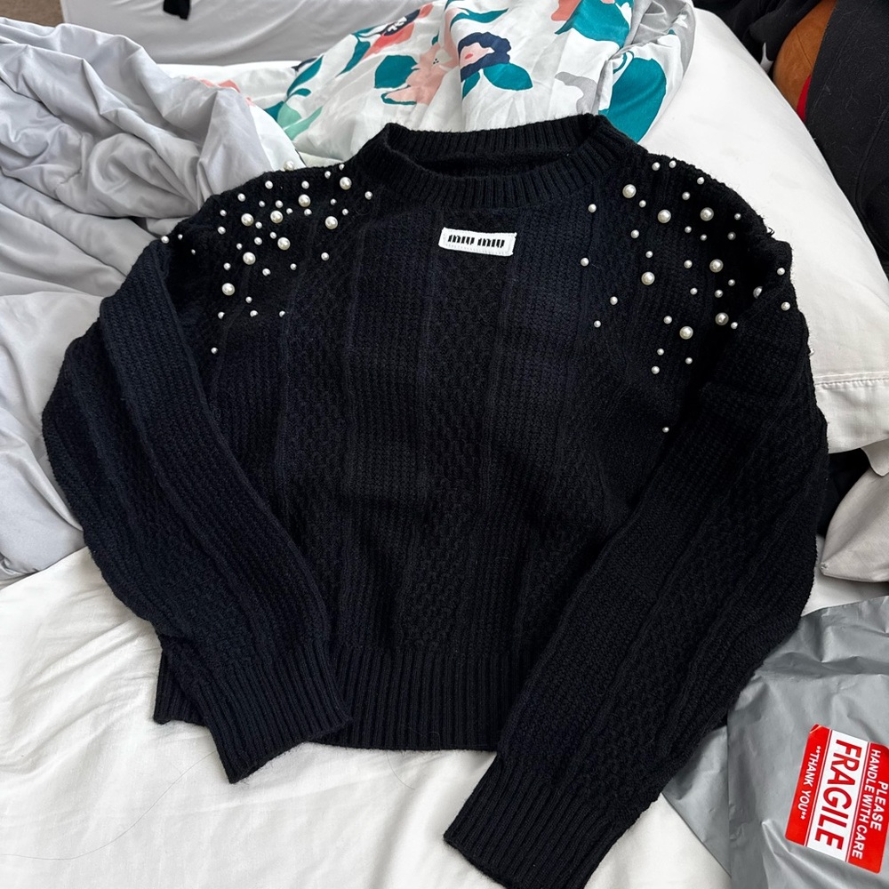 Miu Miu Black Sweater with Pearl Details